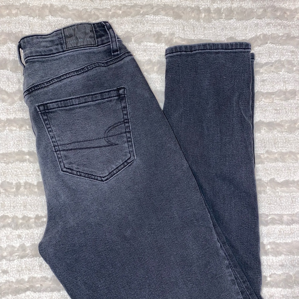 American Eagle High Waisted Faded Black Stretch Straight Leg Jeans